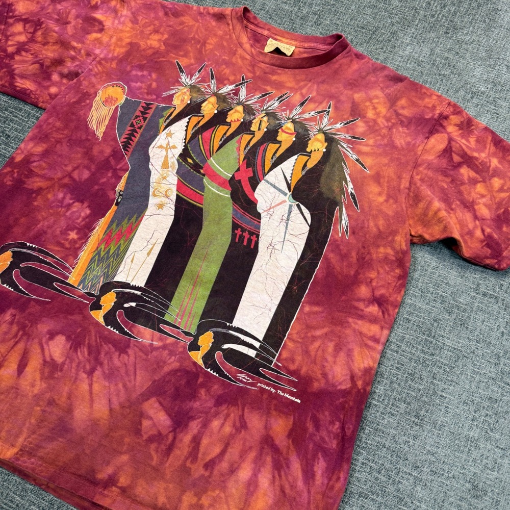 Vintage 90s Tie Dye T-Shirt Mens XL Red Orange Indian Indigenous Made In USA